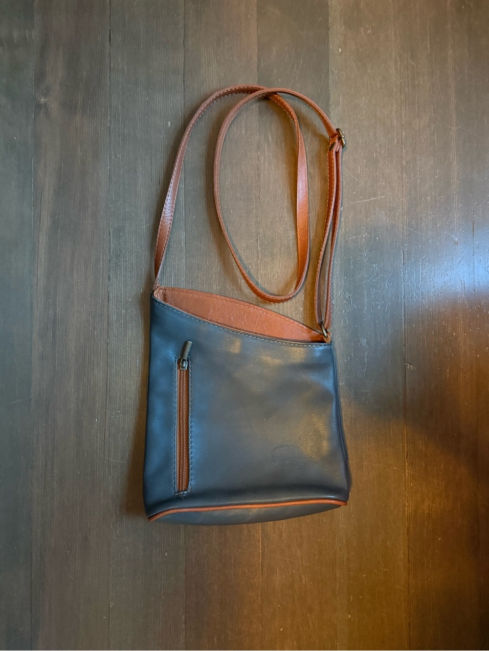 Two-Tone Italian Leather Crossbody Bag - Dark Grey and Brown